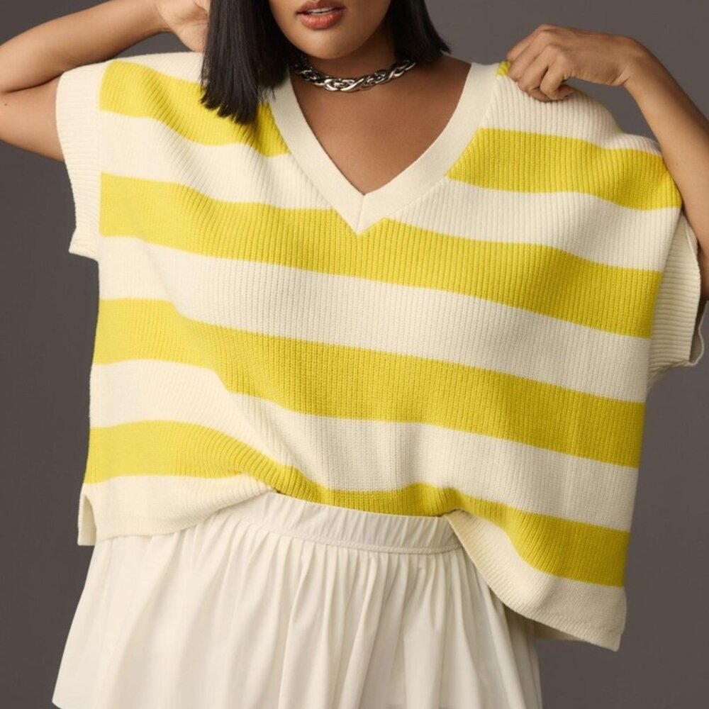 Anthropologie Maeve Oversized Striped V-Neck Sweater Vest in Chartreuse Size M - Picture 3 of 13